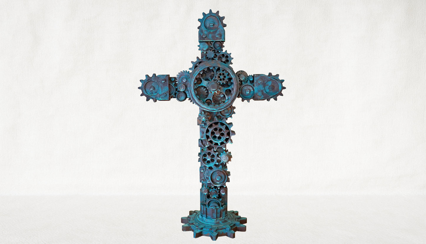 Industrial Gear Cross (Aged Bronze - Turquoise Patina)