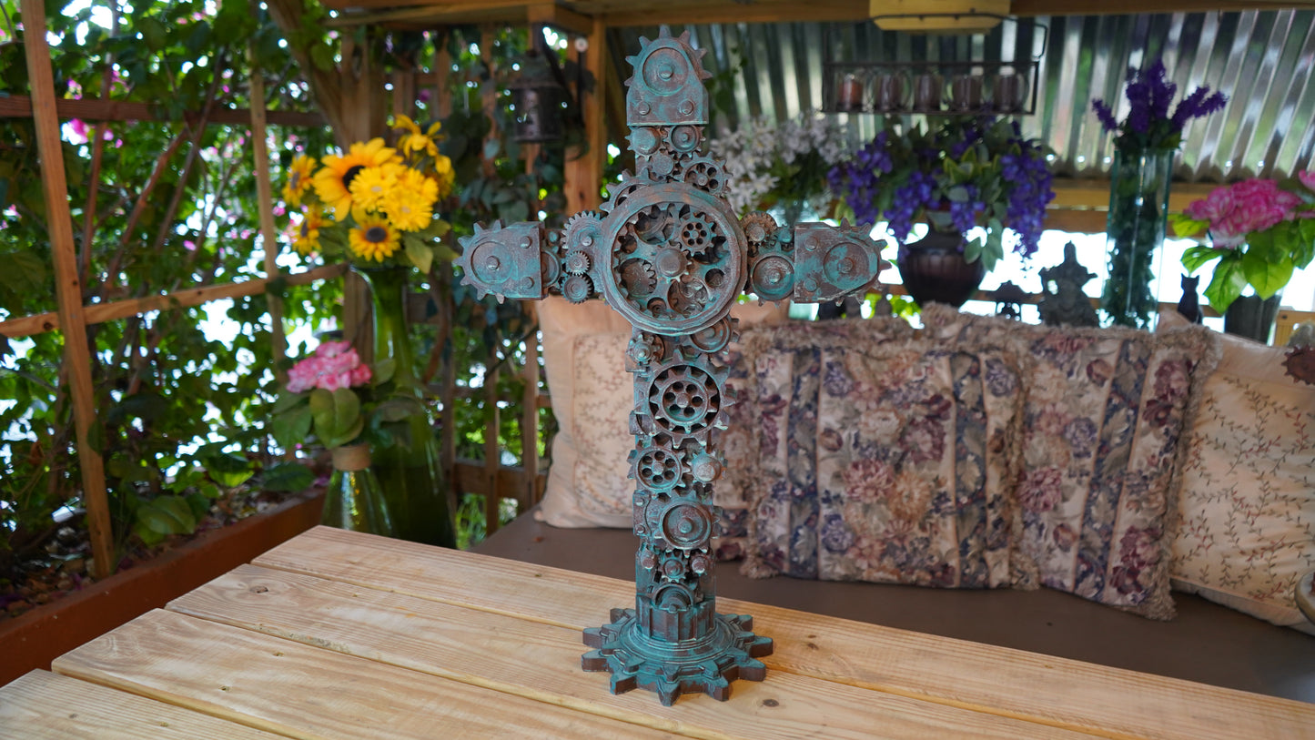 Industrial Gear Cross (Aged Bronze - Turquoise Patina)