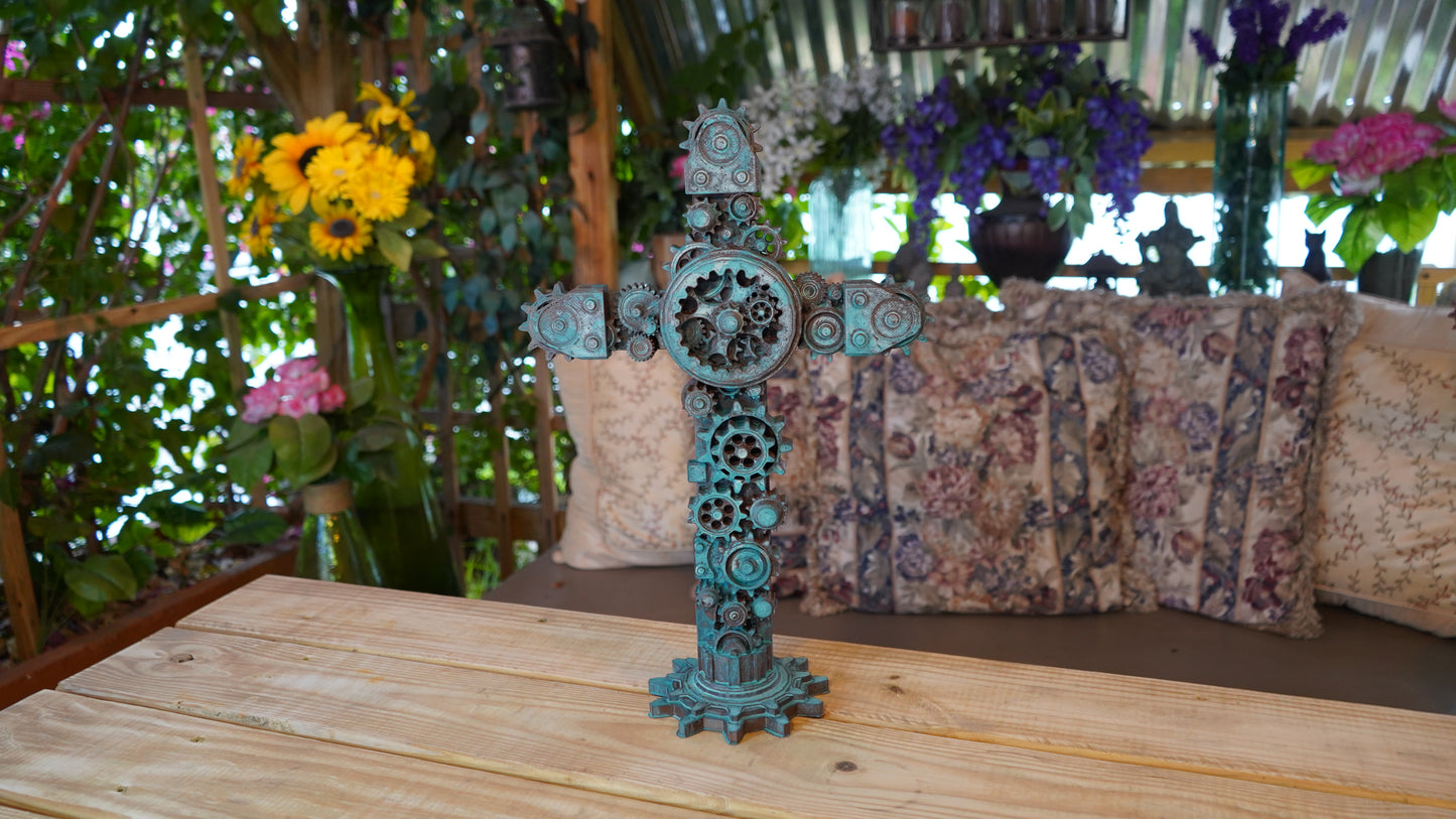 Industrial Gear Cross (Aged Bronze - Turquoise Patina)