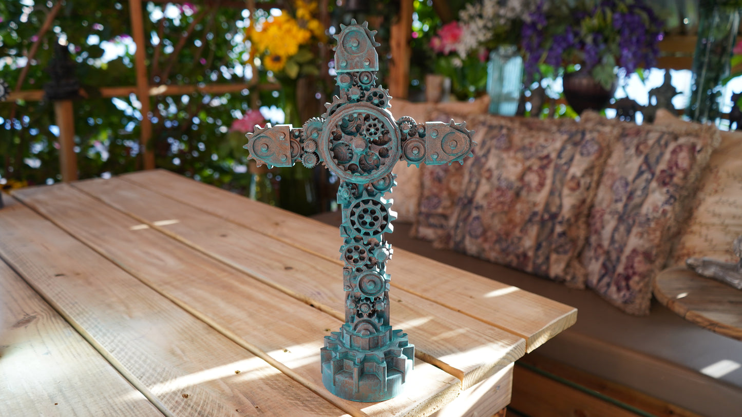 Industrial Gear Cross (Aged Bronze - Turquoise Patina)