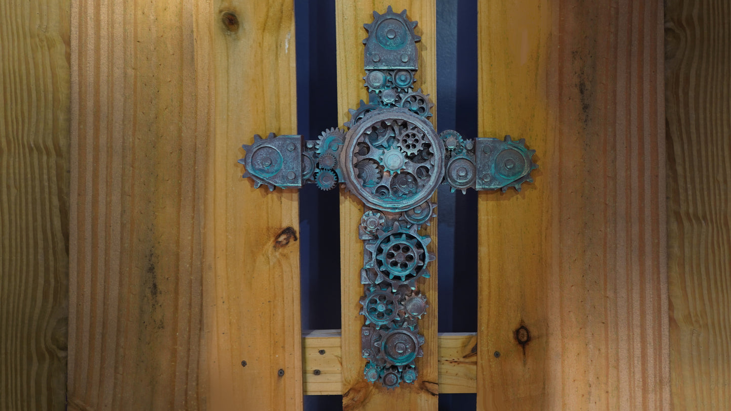 Industrial Gear Cross (Aged Bronze - Turquoise Patina)