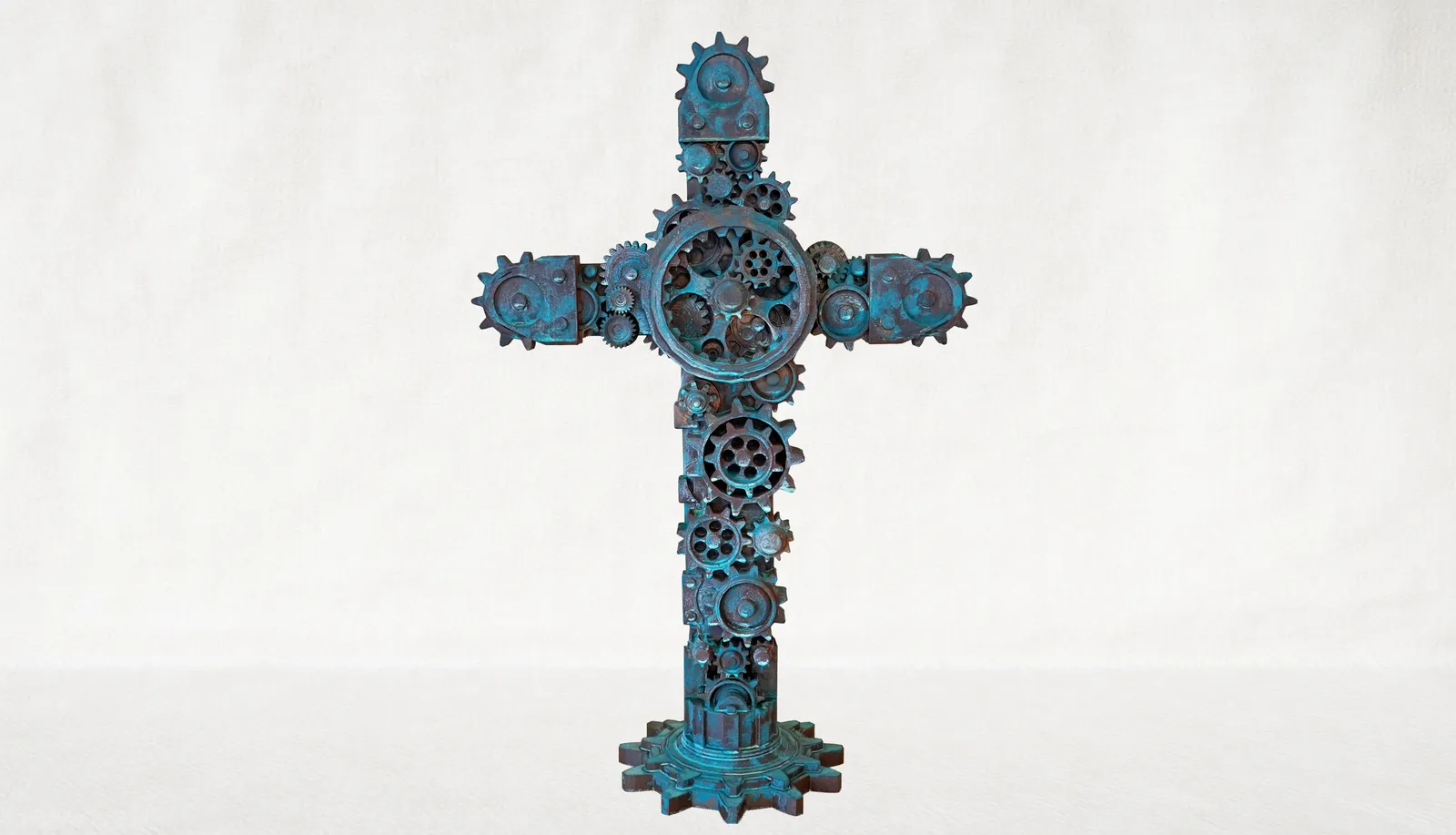 Aged bronze turquoise patina gear cross